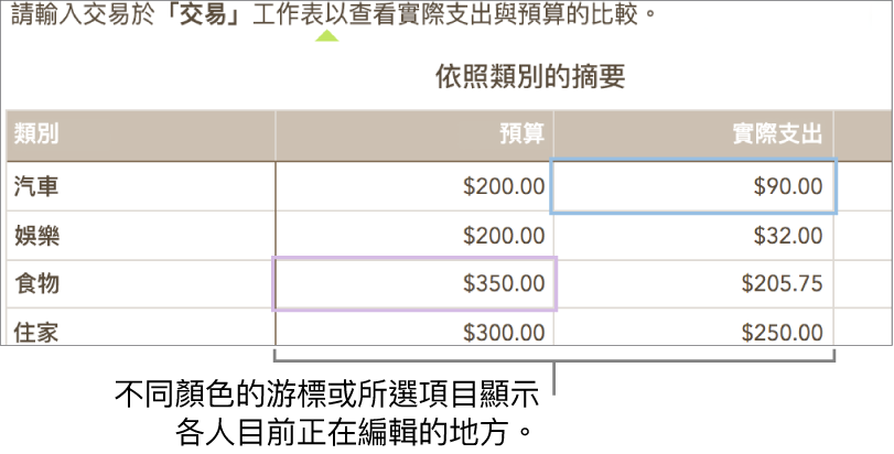 不同顏色的游標或所選項目顯示各人正在編輯的地方。