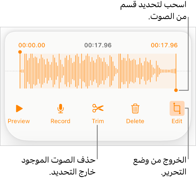أدوات التحكم لتحرير الملف الصوتي المسجَّل. يوضح المؤشران القسم المحدد من التسجيل، وتوجد بالأسفل أزرار معاينة وتسجيل وقص وحذف ووضع التحرير.