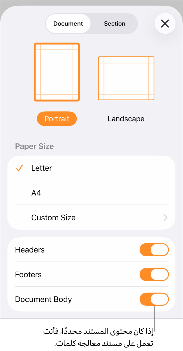 إعداد المستند مفتوح مع تحديد نص المستند في مستند معالجة كلمات.
