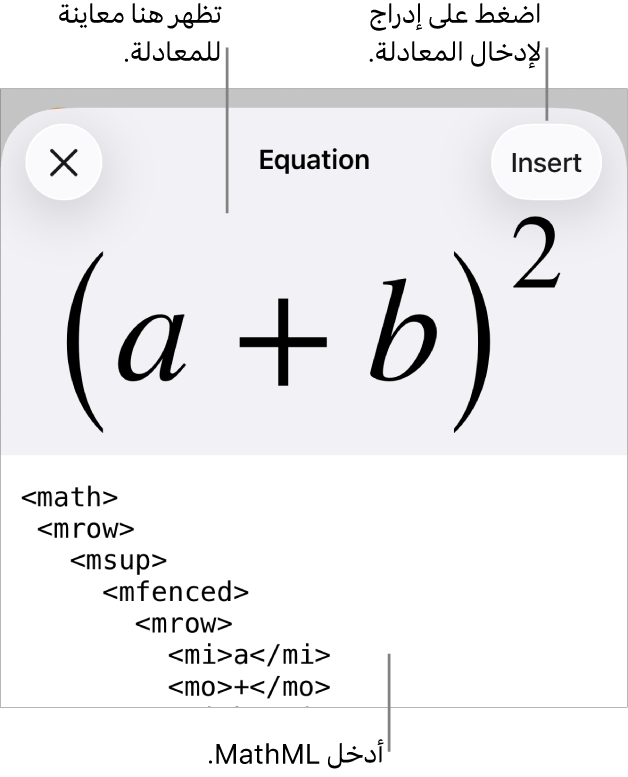 مربع حوار المعادلة يعرض معادلة مكتوبة باستخدام أوامر MathML وتظهر بالأعلى معاينة للمعادلة.