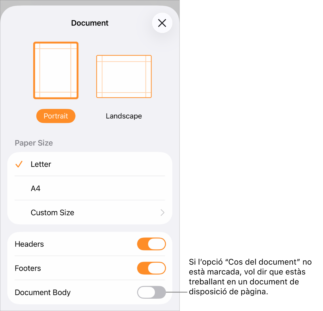 Configuració del document oberta amb l’opció “Cos del document” desmarcada en un document de disposició de pàgina.