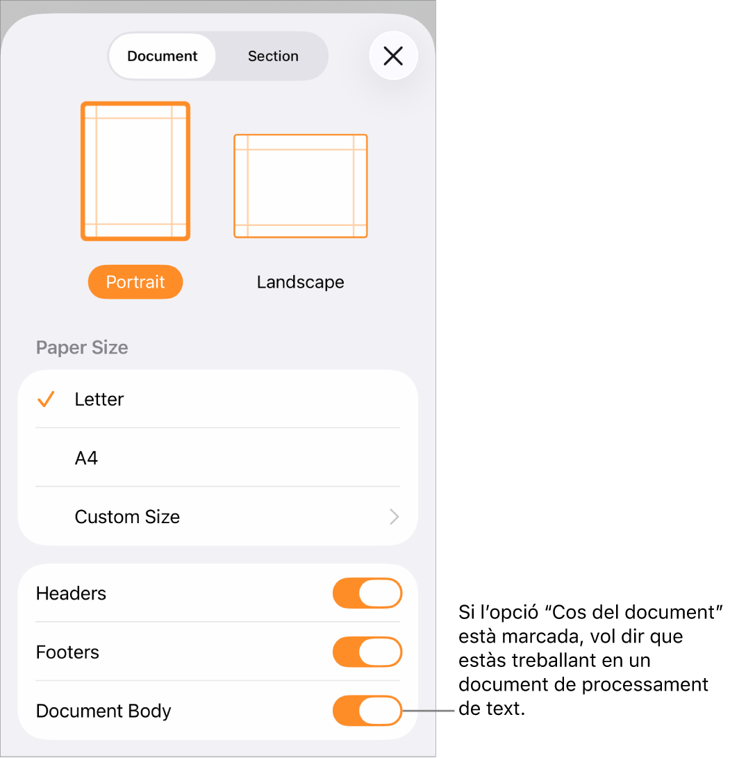 Configuració del document oberta amb l’opció “Cos del document” marcada en un document de processament de text.