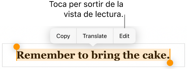 Se selecciona una frase i a sobre hi apareix un menú contextual amb els botons “Copia” i “Edita”.