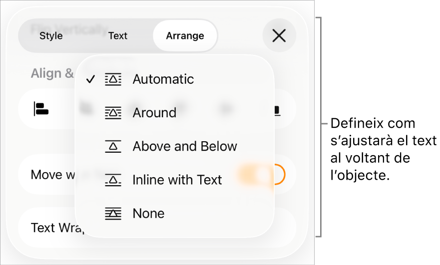 Els controls de l’opció “Ajusta el text”, amb les opcions “Automàtic”, “A l’entorn”, “Superior i inferior”, “En línia amb el text” i “Cap”.