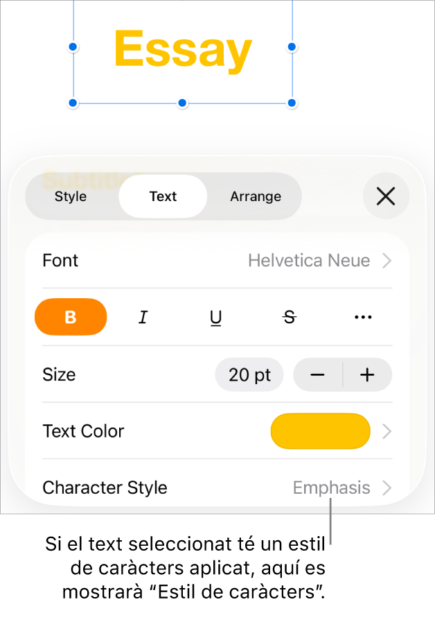 Els controls de format de text amb l’estil de caràcter a sota dels controls de color. L’estil de caràcter Cap amb un asterisc.