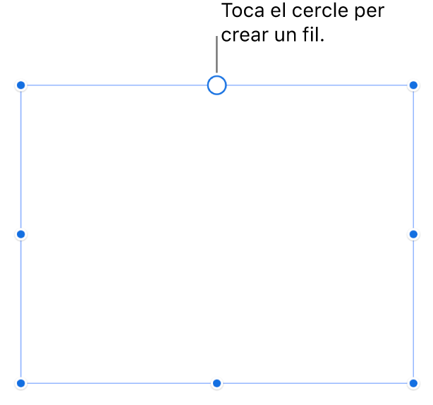 Quadre de text buit amb un cercle blanc a la part superior i marcadors per canviar‑ne la mida als angles, als laterals i a la part inferior.