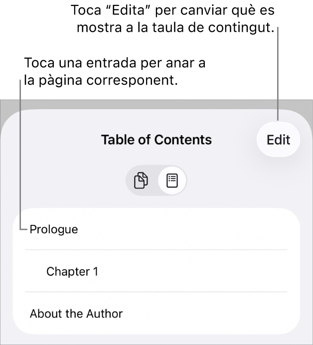 La vista de taula de contingut amb capçaleres en una llista. El botó “Edita” a l’angle superior dret i els botons “Miniatures de pàgina” i “Taula de continguts” a la part inferior.