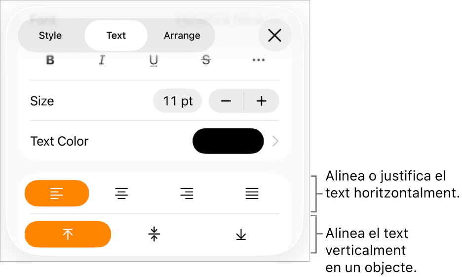 La secció Disposició, amb llegendes per als botons d’alineació i d’espaiat del text.