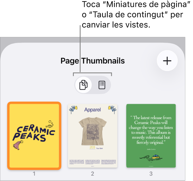 Vista “Miniatures de pàgina” amb imatges de les miniatures de cada pàgina. Els botons “Miniatures de pàgina” i “Taula de continguts” a la part inferior de la pantalla.