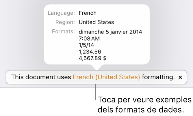 La notificació de la diferència de configuració d’idioma i regió, amb exemples del format d’aquell idioma i regió.