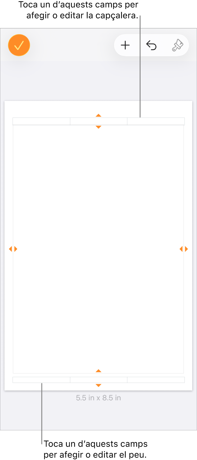 La vista “Més opcions” amb tres camps a la part superior del document per a les capçaleres i tres camps a la part inferior per als peus de pàgina.
