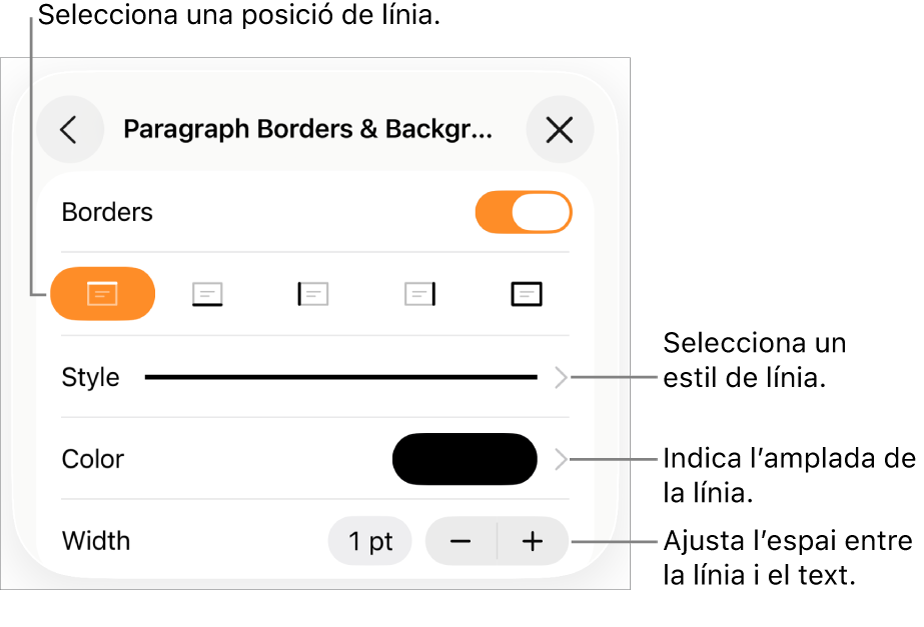 Controls per canviar l’estil, el gruix, la posició i el color de la línia.