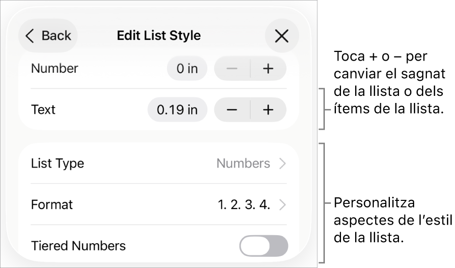 El menú “Edita l’estil de llista” en què es mostren els controls de l’espaiat de sagnat, tipus i format de la llista, numeració progressiva i interlineat.