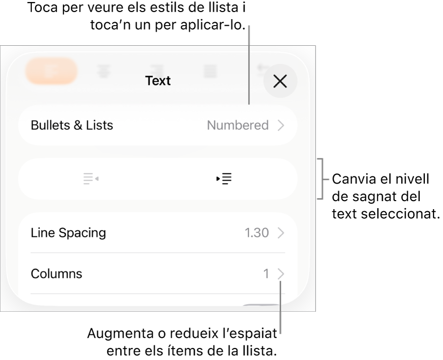 La secció “Vinyetes i llistes” dels controls de Format amb llegendes de “Vinyetes i llistes”, botons de sagnat i de sagnat esquerre, i controls d’interlineat.