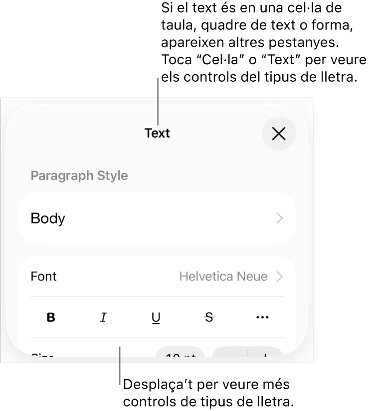Controls de text al menú Format per definir els estils de paràgraf i de caràcter, el tipus de lletra, la mida i el color.