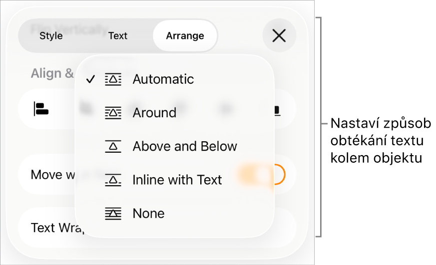 Ovládací prvky Obtékání textu s položkami Automaticky, Okolo, Nahoře a dole, Vložené v textu a Žádné