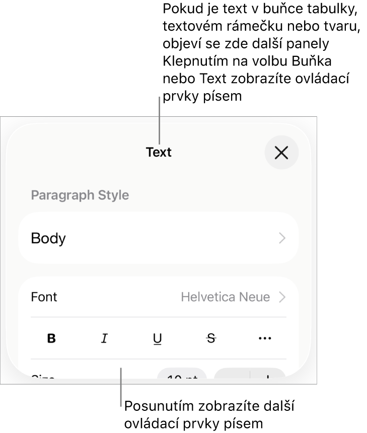Ovládací prvky pro text v nabídce Formát pro nastavení stylů, písma, velikosti a barvy odstavce a znaků