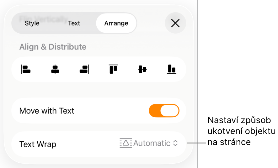 Ovládací prvky rozložení s funkcemi V textu a Obtékání textu