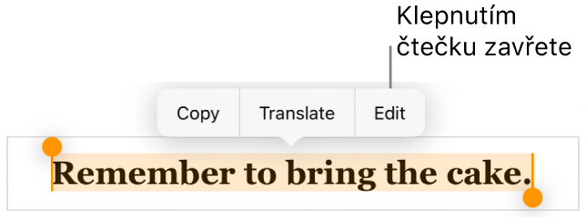 Je vidět vybraná věta; nad ní se nachází místní nabídka s tlačítky Kopírovat a Upravit