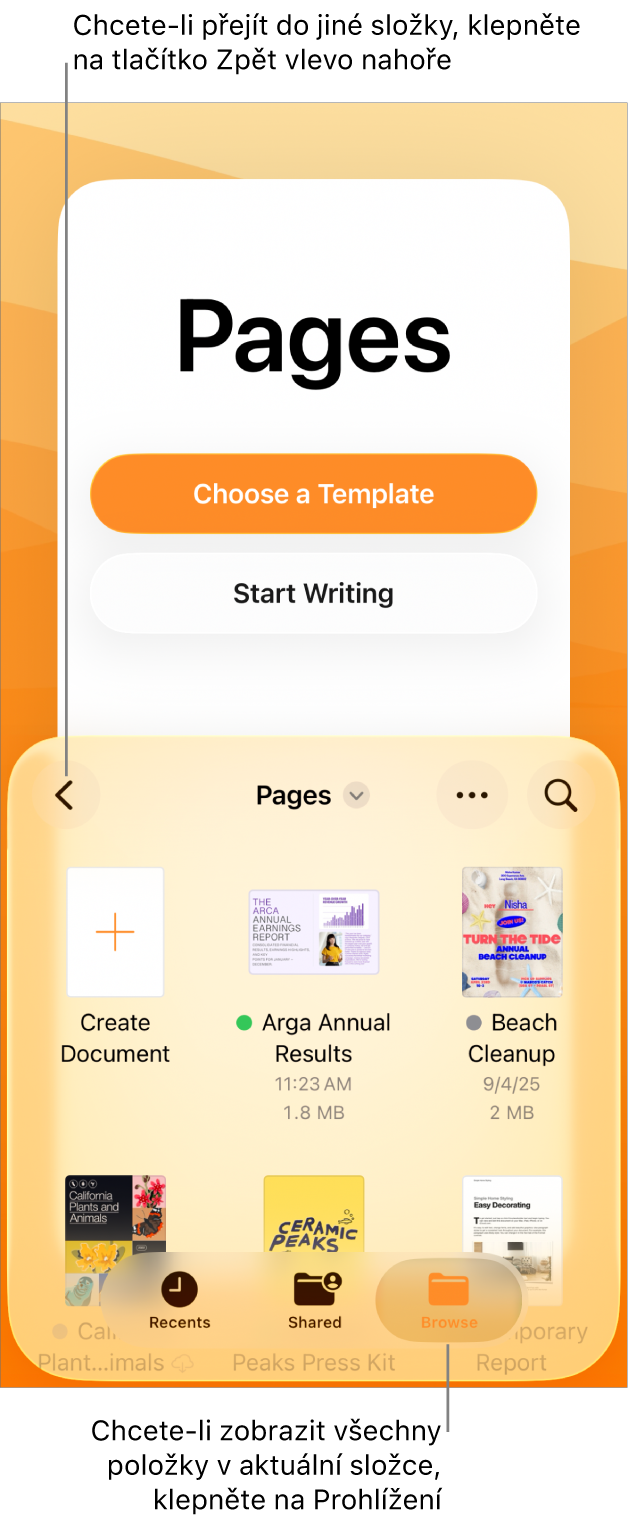 Správce dokumentů v zobrazení procházení s tlačítkem Zpět v levém horním rohu a polem hledání pod ním. Pod polem Hledat je vedle náhledů existujících dokumentů tlačítko Vytvořit dokument. V pravém horním rohu se nacházejí tlačítka Poslední, Sdílené a Procházet.