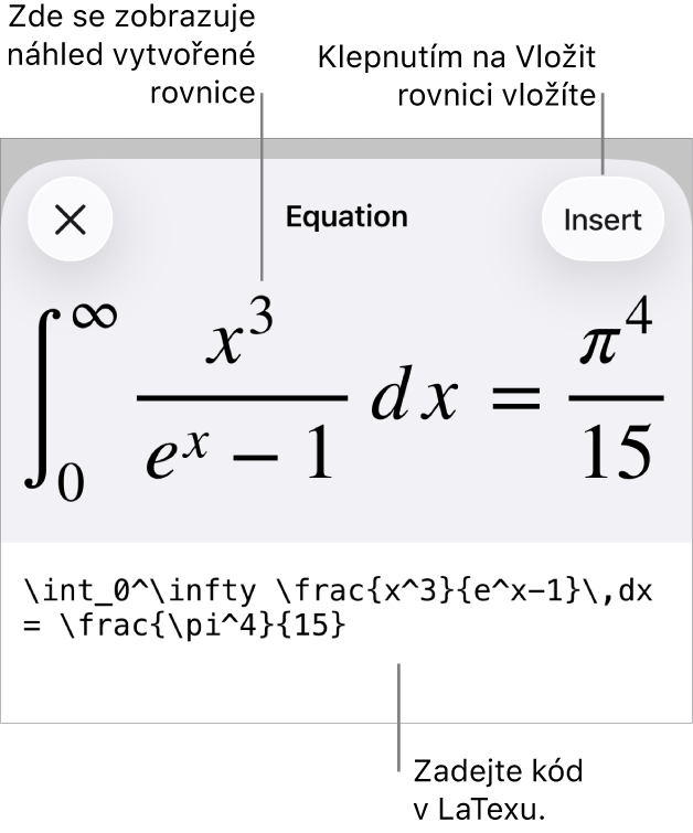 Dialogové okno Rovnice, v němž se zobrazuje zápis rovnice pomocí příkazů LaTeXu a nad ním náhled výsledného vzorce