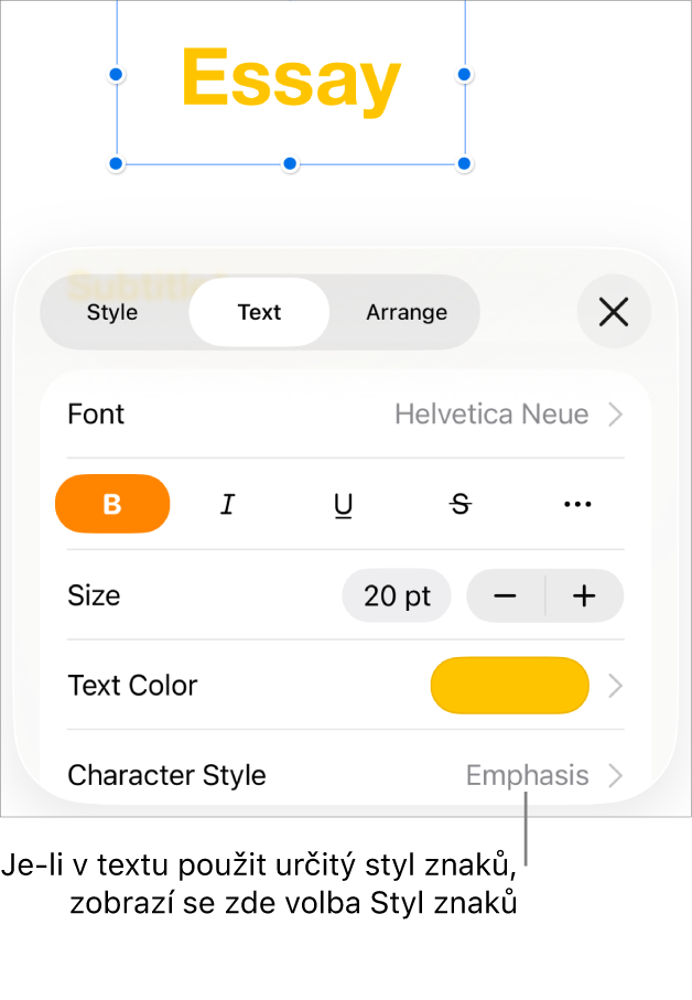 Ovládací prvky formátování textu s nabídkou Styl znaků pod ovládacími prvky v oddílu Barva. Zobrazuje se styl Žádný s hvězdičkou.