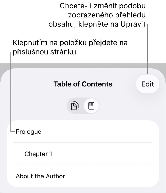 Zobrazení přehledu obsahu se seznamem záhlaví. V pravém horním rohu je umístěno tlačítko Upravit a dole se nacházejí tlačítka Miniatura stránky a Obsah