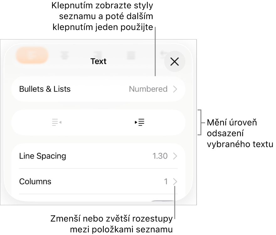 Oddíl Odrážky a seznamy na panelu Formát s připojenými popisky pro ovládací prvky Odrážky a seznamy, pro tlačítka zvýšení a snížení úrovně odsazení a pro ovládací prvky řádkování.