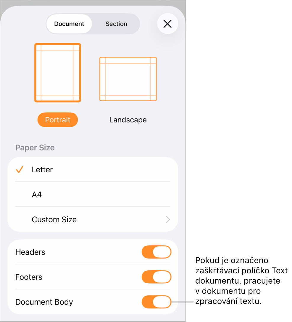Otevřené Nastavení dokumentu se zaškrtnutým políčkem Text dokumentu v dokumentu pro zpracování textu
