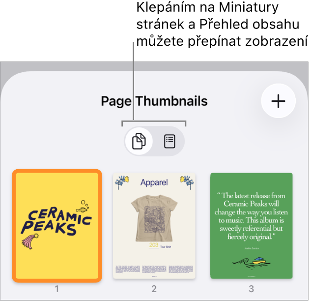 Zobrazení miniatur stránek s miniaturním obrázkem každé stránky U dolního okraje obrazovky se nachází tlačítko Miniatury stránek a tlačítko Obsah
