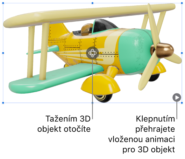 3D objekt s tlačítkem Otočit uprostřed a tlačítkem Přehrát v pravém dolním rohu