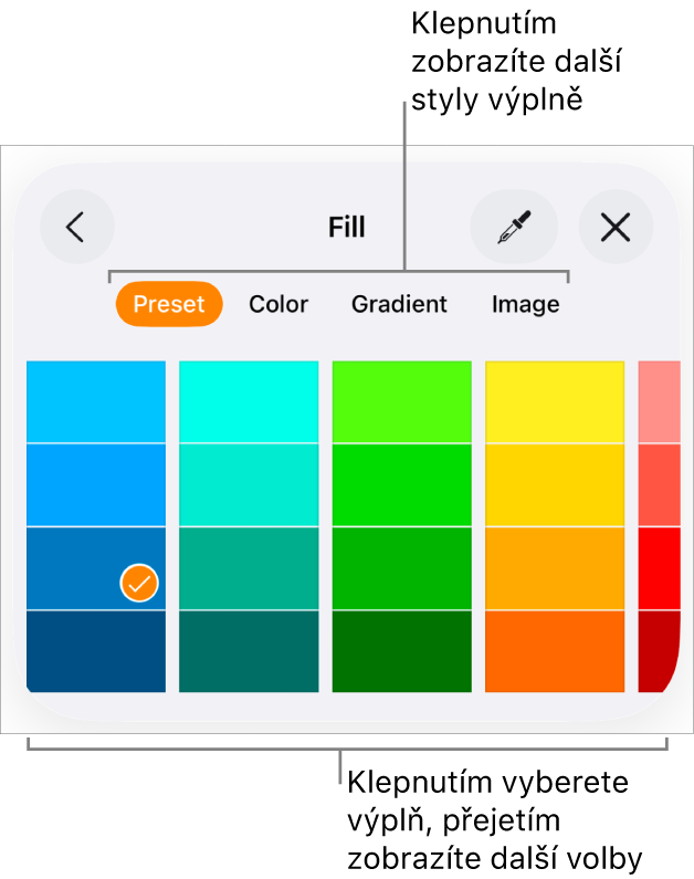 Volby výplně na panelu Styl v nabídce Formát