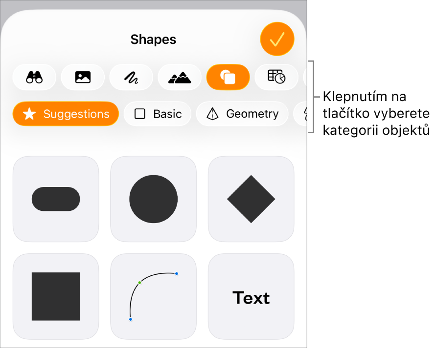 Ovládací prvky pro přidání objektu. V horní části se nacházejí tlačítka sloužící k výběru tabulek, grafů, tvarů (včetně čar a textových rámečků) a médií.
