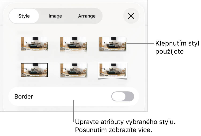 Panel Styl v nabídce Formát se styly objektů u horního okraje. Pod nimi je ovládací prvek pro změnu ohraničení.