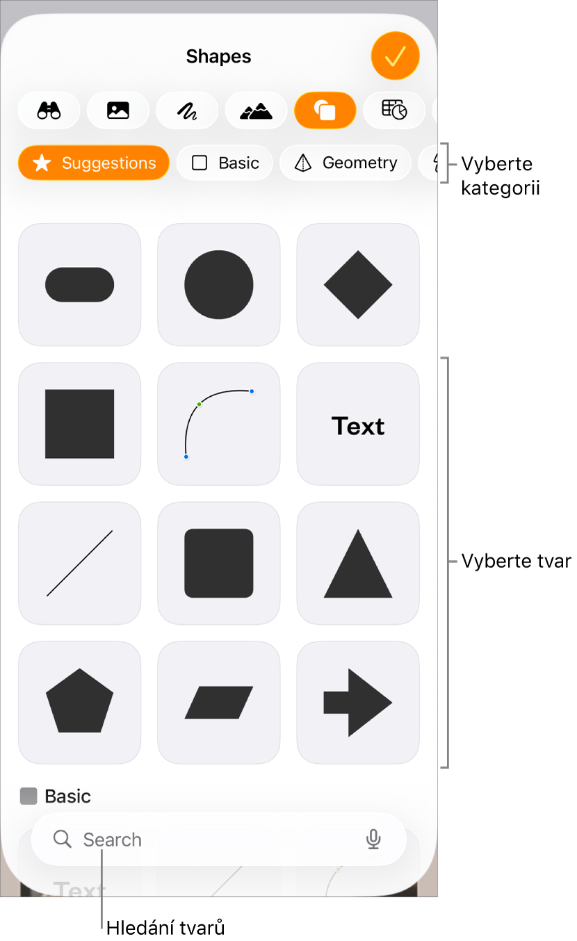 Knihovna tvarů. Nahoře jsou uvedeny kategorie, pod nimi tvary. Pomocí tlačítka hledání v horní části můžete vyhledat požadované tvary. Přejetím zobrazíte další tvary.