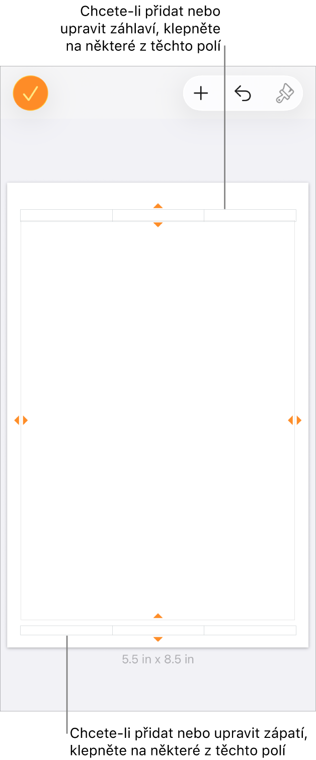 Zobrazení Další volby, v němž jsou u horního okraje dokumentu vidět tři pole pro záhlaví a u dolního okraje tři pole pro zápatí
