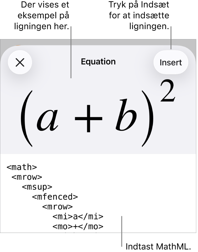 Dialogen Ligning, der viser ligningen skrevet ved hjælp af MathML-kommandoer og derover et eksempel på formlen.