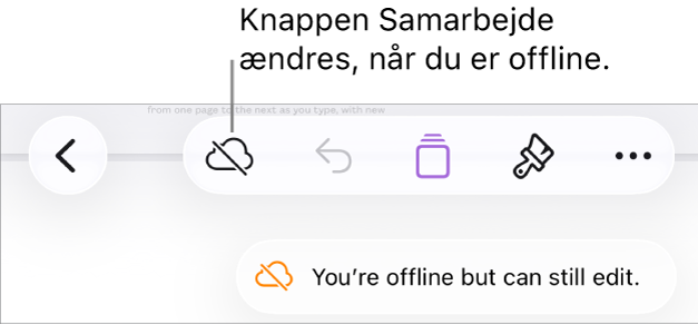 Knapperne øverst på skærmen, hvor knappen Samarbejde er ændret til en sky med en skrå streg over. En besked på skærmen med teksten “Du er offline, men du kan stadig redigere”.