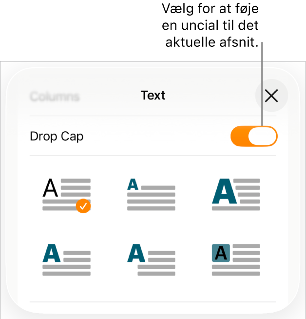 Betjeningsmulighederne til Uncial placeret i menuen Tekst.