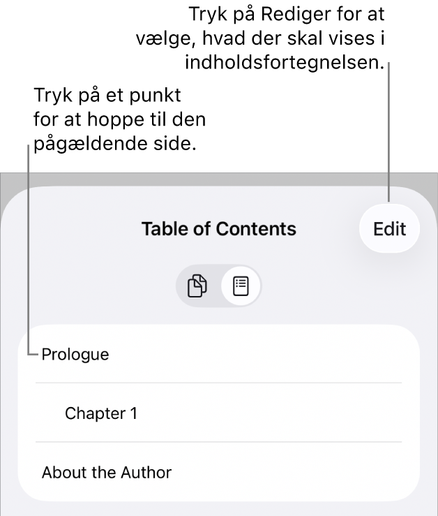 Oversigten med en liste over overskrifter i indholdsfortegnelsen. Øverst til højre findes knappen Rediger, og nederst findes knapperne Miniaturer af sider og Indholdsfortegnelse.