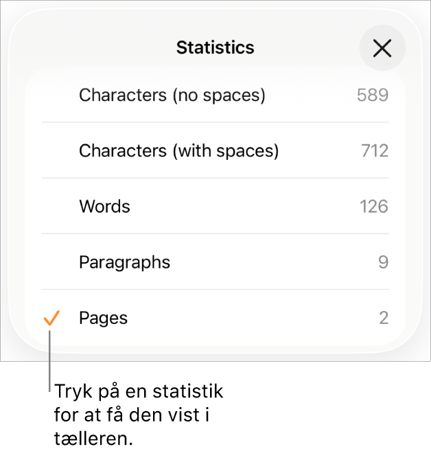 Menuen Statistik med mulighederne til at vise antal tegn uden og med mellemrum, antal ord, antal afsnit og antal sider.