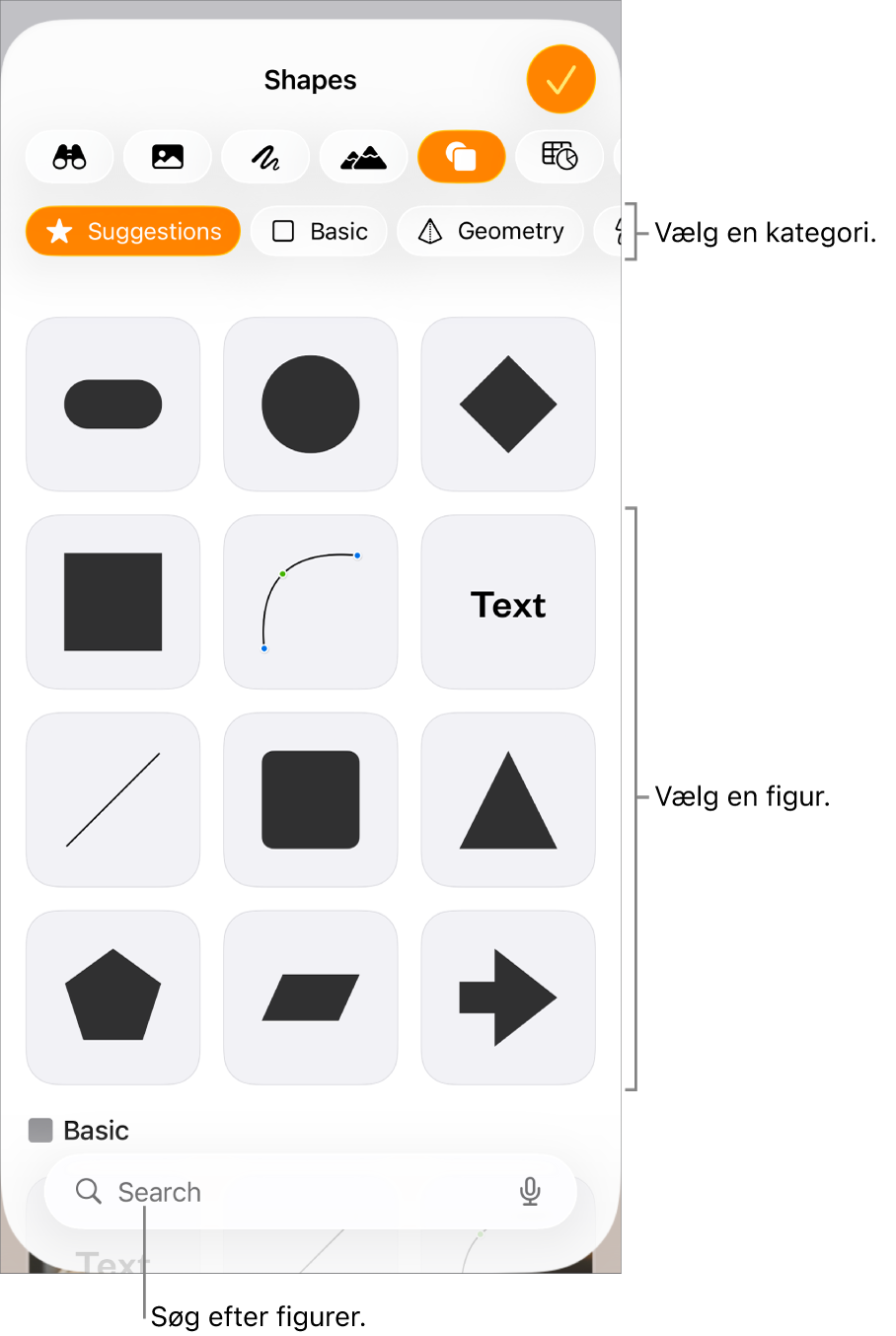 Figurbiblioteket med kategorier øverst og figurer vist nedenunder. Du kan bruge søgeknappen øverst til at finde figurer og skubbe for at se flere.