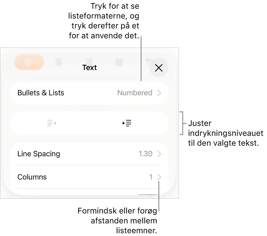 Området Punkter & lister under betjeningsmulighederne til format med billedforklaringer til Punkter & lister, knapperne Ryk ind og Ryk ud og betjeningsmulighederne til linjeafstand.
