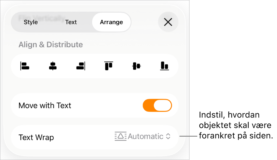 Betjeningsmulighederne til Arranger med Flyt med tekst og Tekstombrydning.