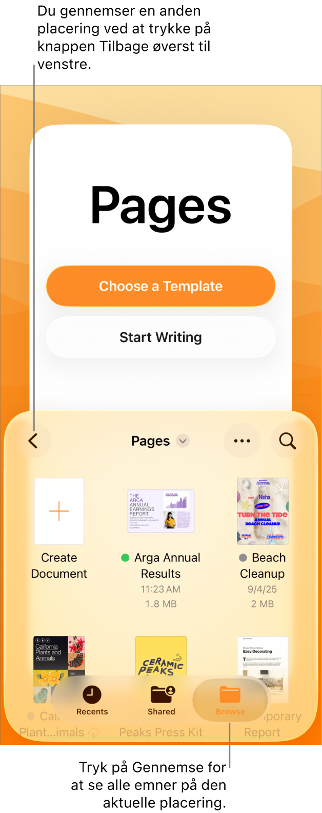 Gennemse er valgt i dokumentadministrationen. Knappen Tilbage findes i det øverste venstre hjørne, og under den er der et søgefelt. Under søgefeltet findes knappen Opret dokument ved siden af miniaturer af eksisterende dokumenter. I øverste højre hjørne findes knappen Tilføj et dokument og knappen Mere. Nederst på skærmen vises knapperne Seneste, Delte og Gennemse.