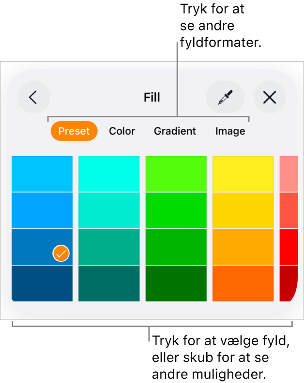 Fyldmuligheder på fanen Format til knappen Format.