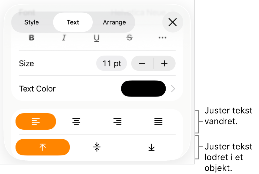 Vinduet Layout med billedforklaringer til knapperne til justering af tekst og afstand.