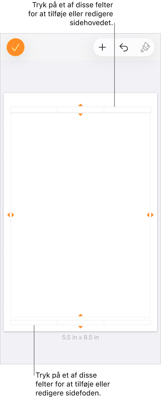Oversigten Flere indstillinger med tre felter øverst i dokumentet til sidehoveder og tre felter nederst til sidefødder.