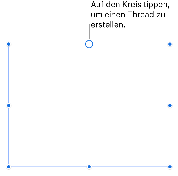 Ein leeres Textfeld mit einem Kreis oben und Aktivpunkten für die Größenänderungen an den Ecken, Seiten und unten
