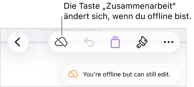 Die Tasten oben auf dem Bildschirm, darunter die Taste „Zusammenarbeit“, die als mit einer diagonalen Linie durchgestrichenen Wolke dargestellt wird. Ein Hinweis auf dem Bildschirm besagt, dass du offline bist, aber weiterhin arbeiten kannst.